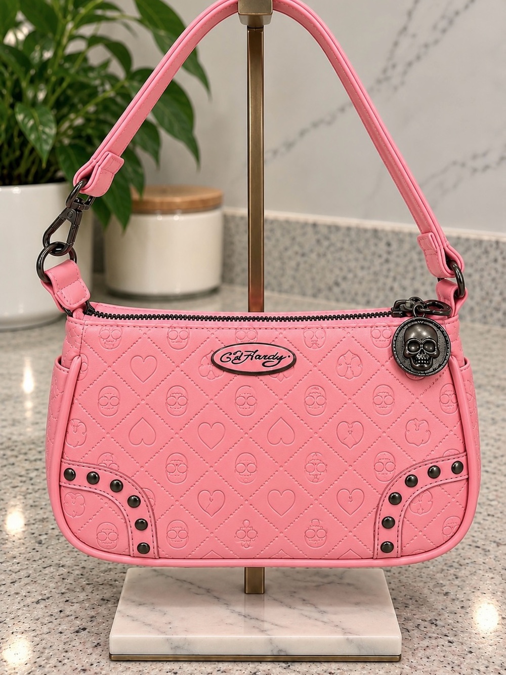 Ed Hardy Pink Quilted Skull Charm Shoulder Bag